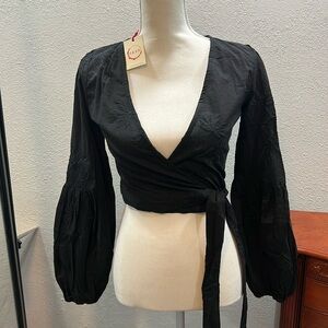 Anthropology raga, true rap, top with crochet black on black detail/ puff sleeve